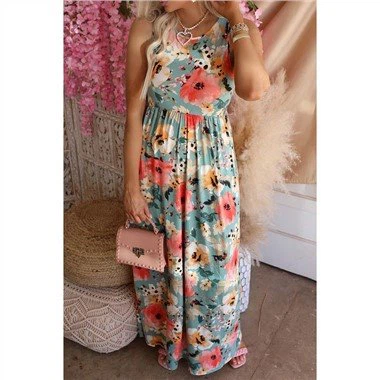 Vestido floral sem manga com estampa boho azul céu